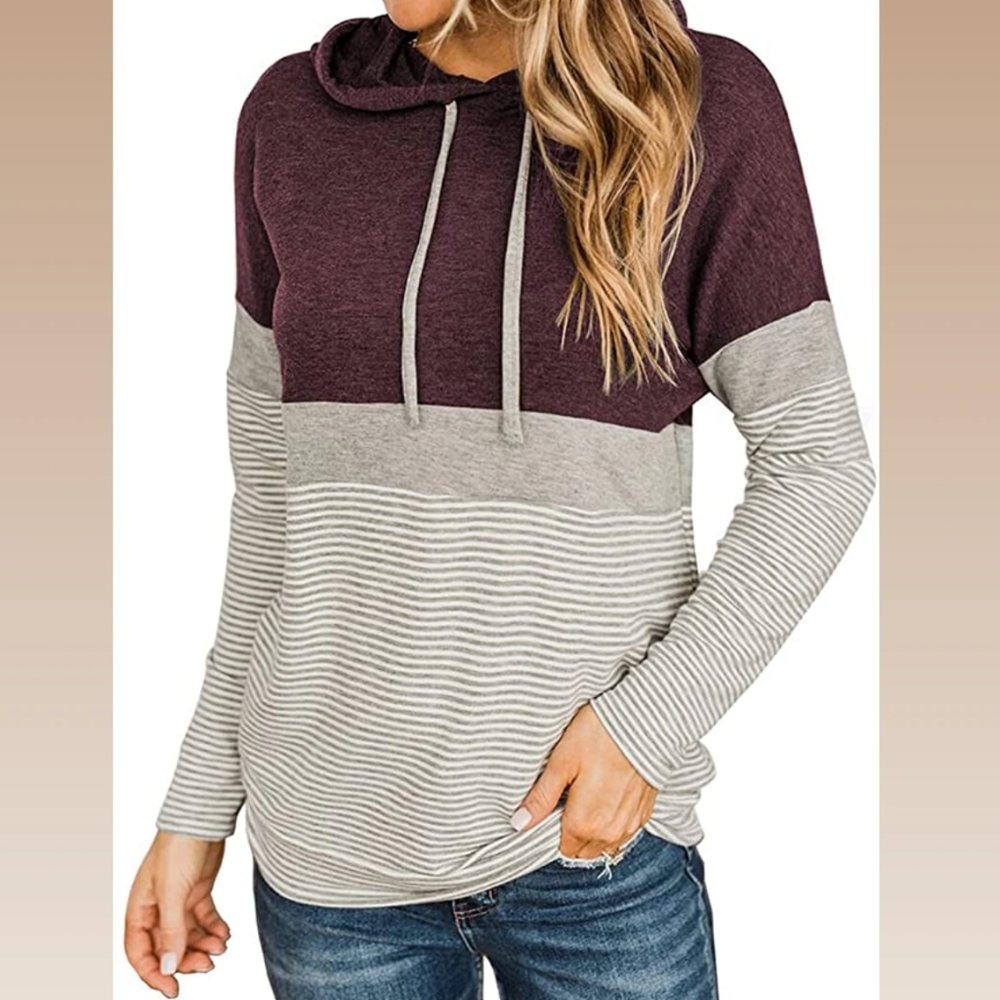 Woman's Maroon Striped Drawstring Colorblock Sweatshirt Hoodie